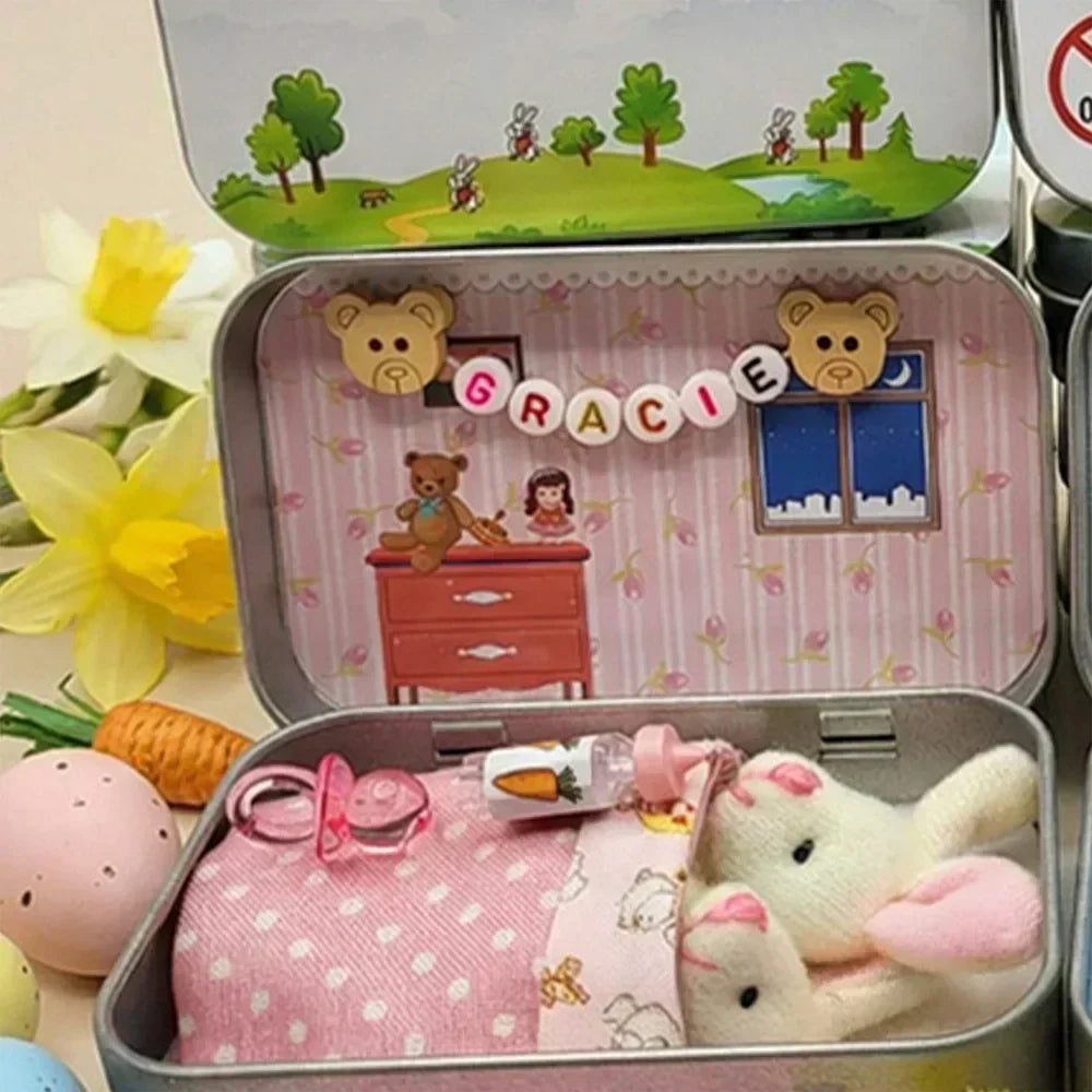 💎 50% OFF! 💎 Bunny Mummy & Baby Plush Pocket Tin – Handmade Easter Collectible with Cozy Blanket (Pink/Blue Ears) 🐇🎁