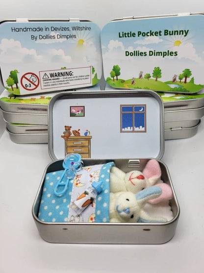 💎 50% OFF! 💎 Bunny Mummy & Baby Plush Pocket Tin – Handmade Easter Collectible with Cozy Blanket (Pink/Blue Ears) 🐇🎁