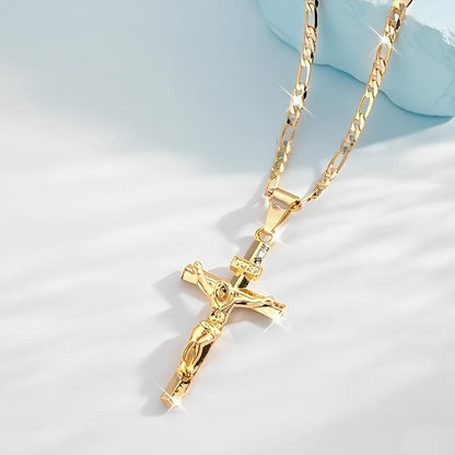 ✝️ 50% OFF NOW! ✨ Gold Crucifix Necklace – Detailed INRI Motif, Adjustable Figaro Chain & Hypoallergenic Finish 💛