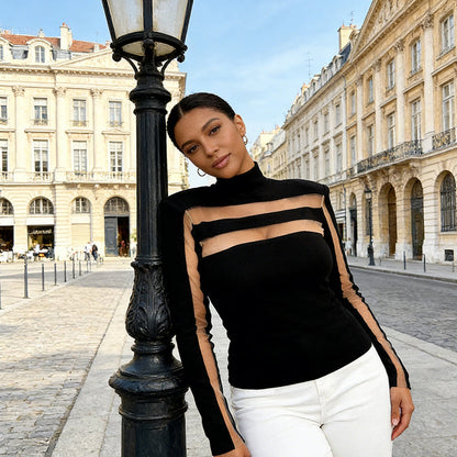 Sexy Mock Neck Top with Sheer Mesh Panel