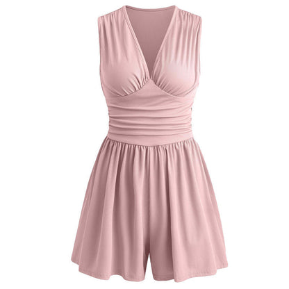 Women's Sleeveless V-Neck Ruched Waist Romper