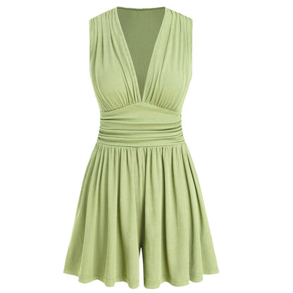 Women's Sleeveless V-Neck Ruched Waist Romper