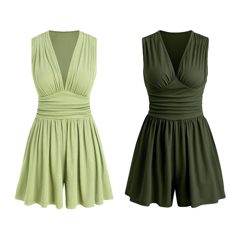 Women's Sleeveless V-Neck Ruched Waist Romper